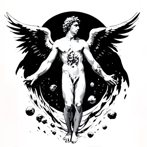 Male angel back tattoo with wings outstretched and asteroids at feet black and white mythical style tattoo design idea