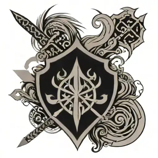 An abstract crest tattoo on the back of the thigh, representing Ogum, Ossaim, Exu, and Xangô. Include stylized symbols: sword and gears, sacred leaves, trident with flames, and double axe. Minimalist and tribal design, with black lines and subtle details, harmonizing the elements within the crest tattoo design idea