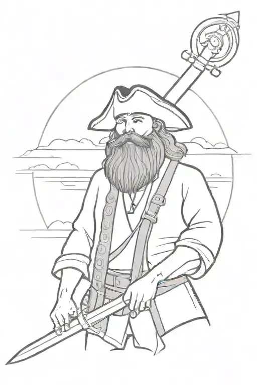 A sketch of a pirate captain with a barbier beard holding a sword, set against a beach sunset tattoo design idea