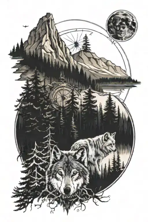 dense pineforest mountain landscape  wolf compass  tattoo design idea