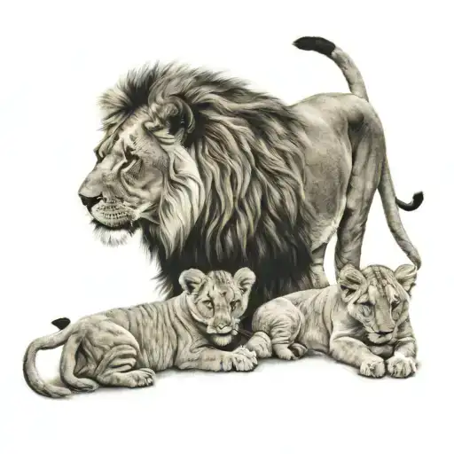 lion and 3 lion cubs tattoo design idea