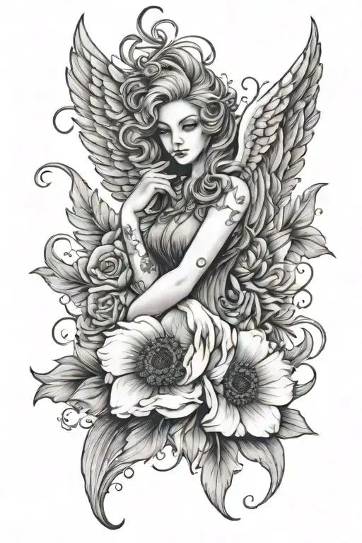 angelwings w anemone flower surrounded tattoo design idea