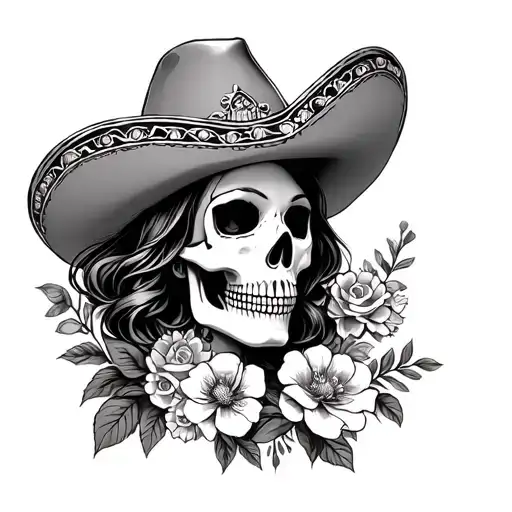 female mariachi skull with flowers tattoo design idea