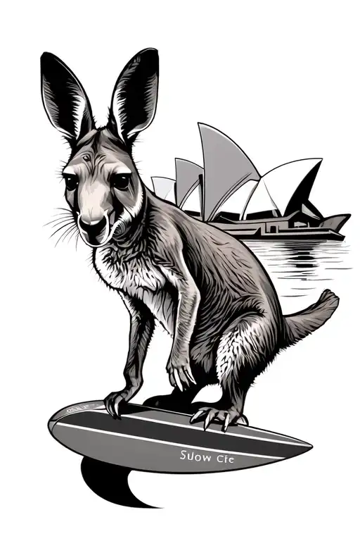Kangaroo Surfing next to sydney opera house Aboriginal & Biomechenical tattoo design idea