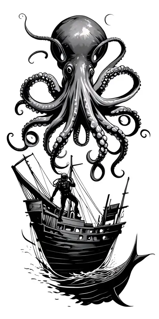 underwater scene scuba diver with fins swimming through a shipwreck with an octopus above tattoo design idea