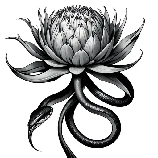 protea flower with black mamba snake coiled tattoo design idea