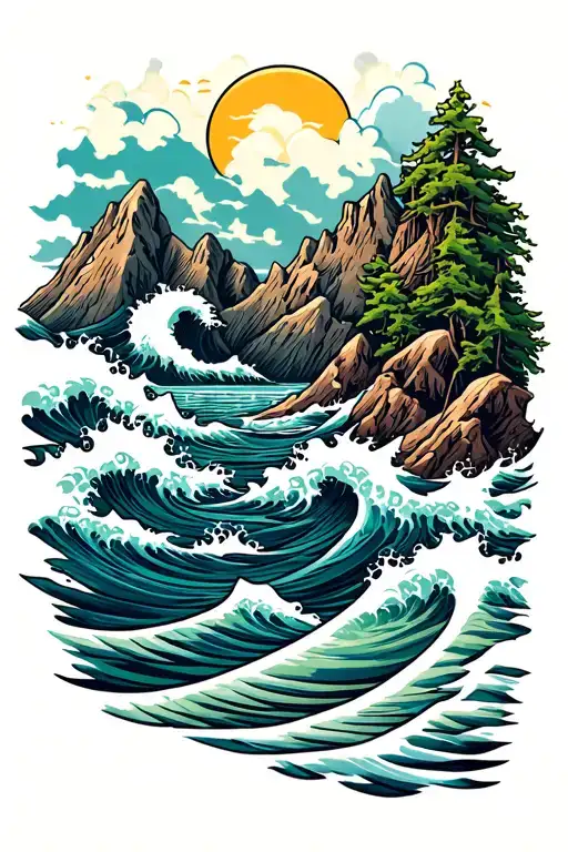 mountains and ocean waves  tattoo design idea