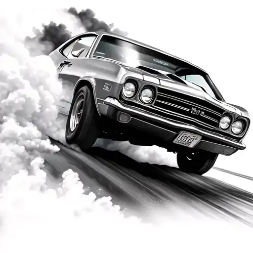 modern professional camera with a telephoto lens. Behind the camera, a classic muscle car is doing a massive burnout,  tattoo design idea