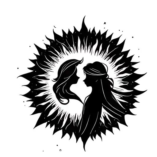 I want a minimalist tattoo, which has in the middle the sun of the Disney movie "tangled", and around 3 stars tattoo design idea