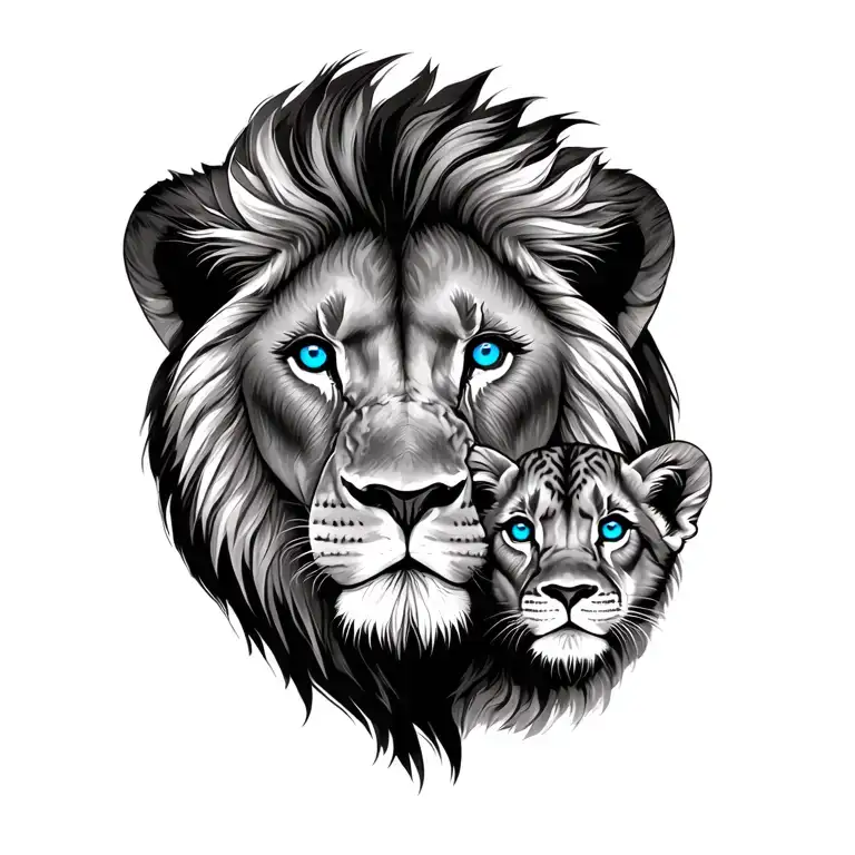 lion adult and cub with blue eyes to represent father and son tattoo design idea