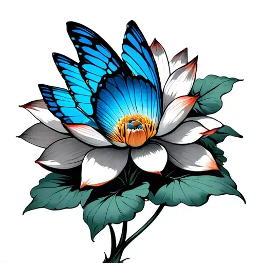 blue morpho flying OVER a lotus flower tattoo design idea