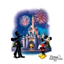 Sleeping beauty castle at night with fireworks in the sky and the walt disney and mickey "partners" statue tattoo design idea