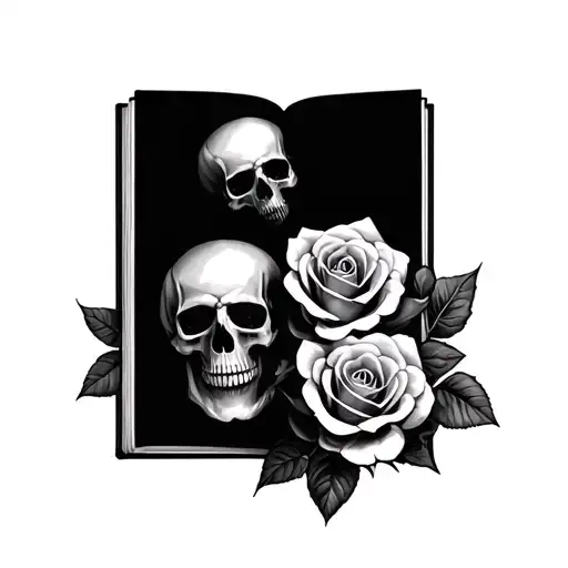 skulls roses open book tattoo design idea
