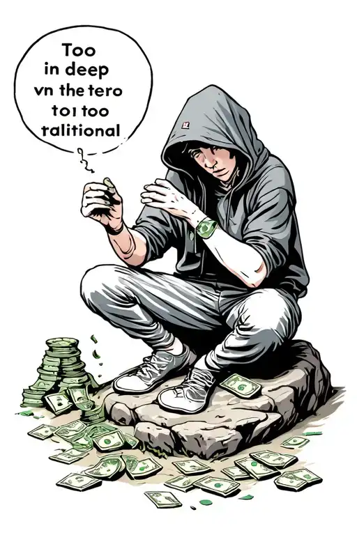 person with hood on sitting on a rock counting money wit words saying in too deep tattoo design idea