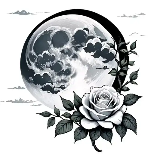 full moon with clouds roses growing tattoo design idea