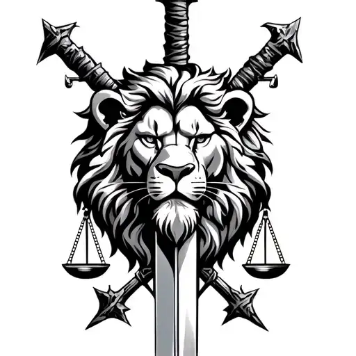 lion head crossed swords with cracks in the blades and the scales of justice tattoo design idea