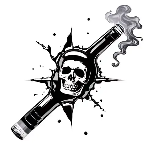 a broken wine bottle, with the smoke of a cigarette burning underneath the pieces in the shape of a skull tattoo design idea