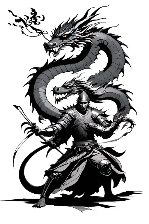 knight fighting samurai with japenese dragon and fantasy dragon tattoo design idea