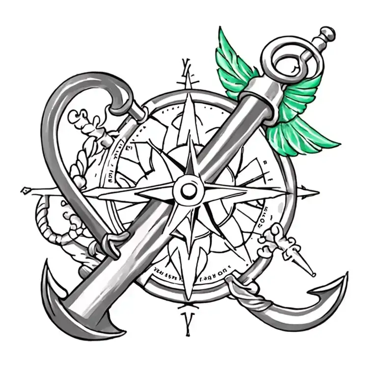 Anchor, Swallow, Nautical Star, Compass Rose, Crossed Cannons, emerald Shellback tattoo design idea