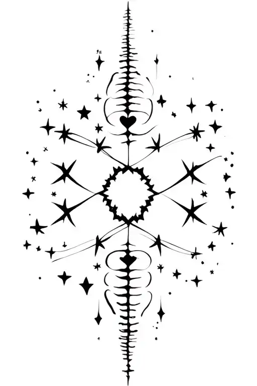 for my spine, fineline, cyber sigilism, stars, dainty, symmetrical, simple, hearts, lines tattoo design idea