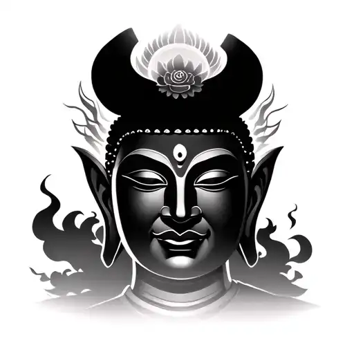 Buddha Face, Japanese Demon Mask Admiring the Sunset tattoo design idea