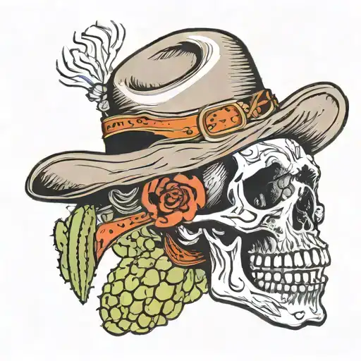 skull with cowboy hat smoking a cactus in its mouth instead of a cigar tattoo design idea