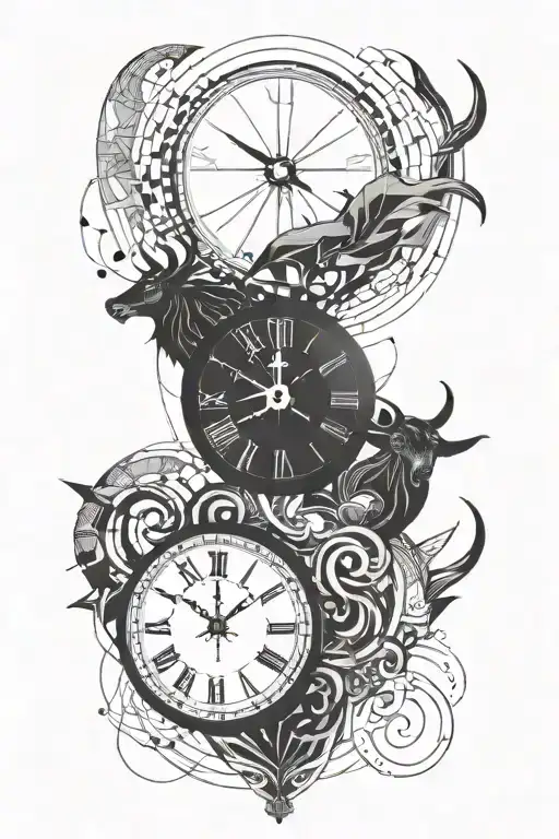 Clock with 12:00 AM as main focus. With the moon, the sun and the earth, with a small capricorn sign tattoo design idea
