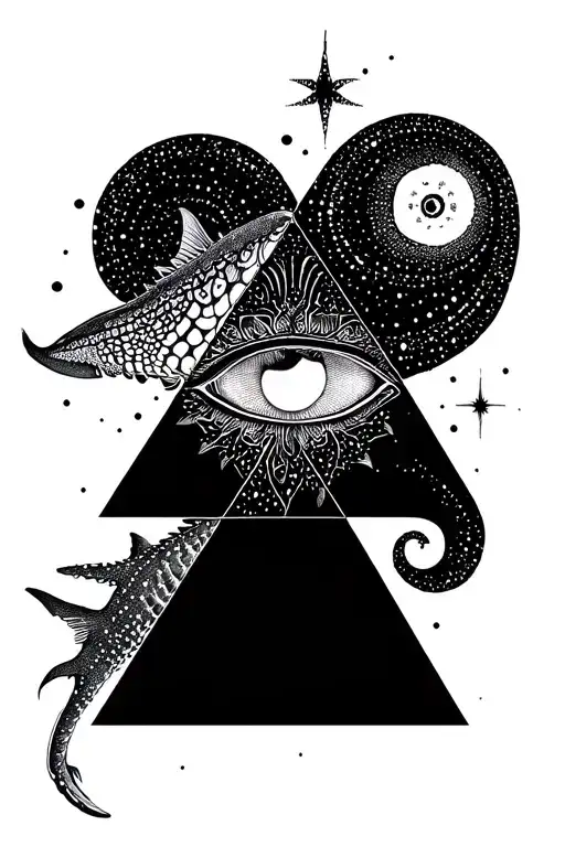 Lemurian starseed tattoo with spiral, whale shark markings, Pleiadian star cluster, triangle with third eye" tattoo design idea