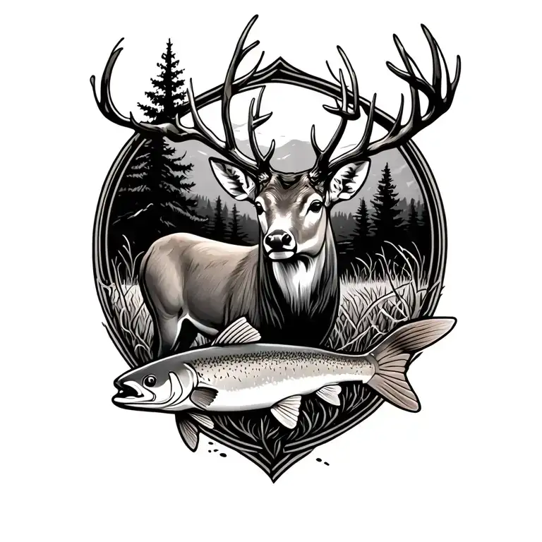 hunting scene  with deer and trout tattoo design idea