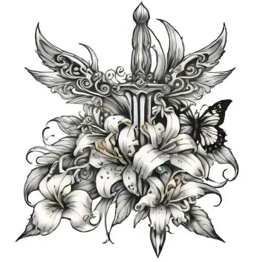 sword with Lilly flowers and butterflies tattoo design idea