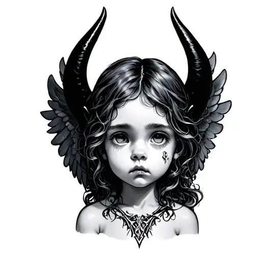 Sad little angel with devil's horns tattoo design idea