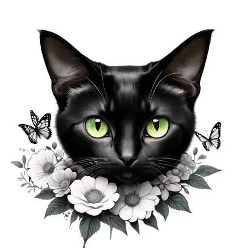 black cat green eyes flowers butterflies tattoo design idea