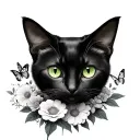 black cat green eyes flowers butterflies tattoo design idea
