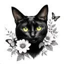 black cat green eyes flowers butterflies tattoo design idea