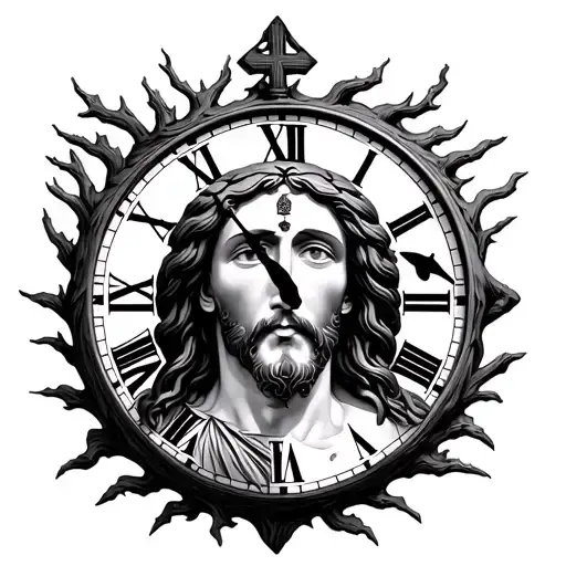 clock with jesus face and oak tree form cross tattoo design idea