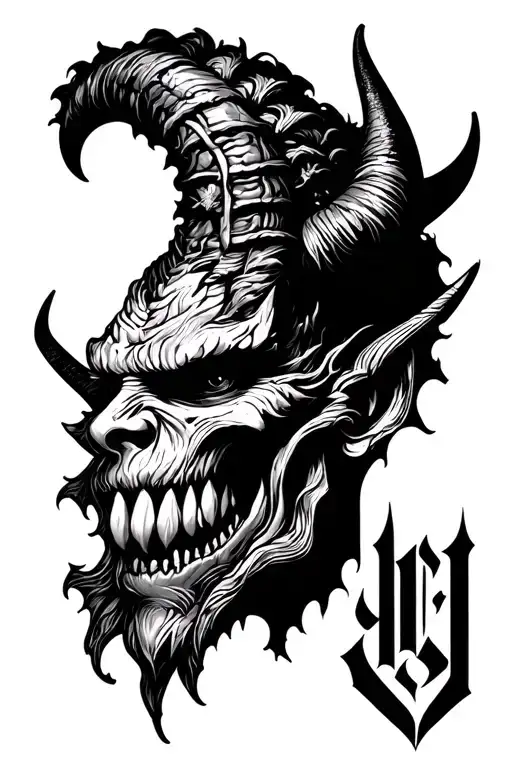 Half of the Devil's face with the word charm tattoo design idea
