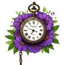 "Tatum Olivia" purple flowers wrapped around old pocket watch and chain tattoo design idea