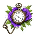 "Tatum Olivia" purple flowers wrapped around old pocket watch and chain tattoo design idea