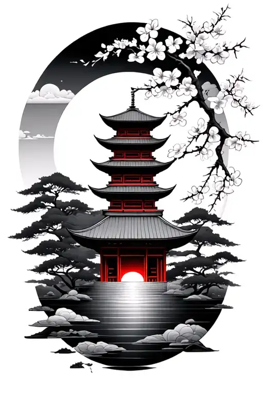 Rising Sun, Pagoda, Sakura Branch, Nina tattoo design idea