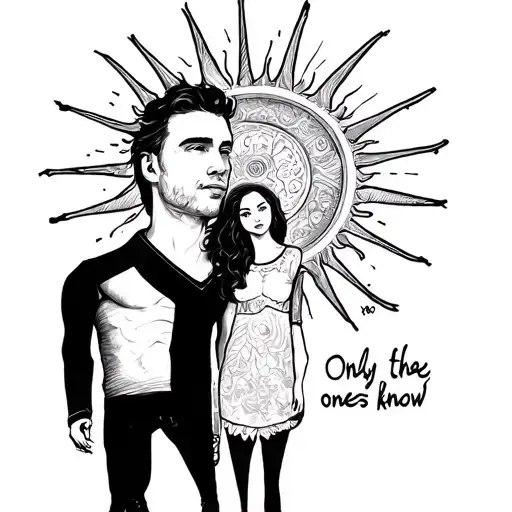 Couple tattoo: man with a sun, sun rays pointing downwards. Written "only the crazy ones know" around the sun. On the wo tattoo design idea