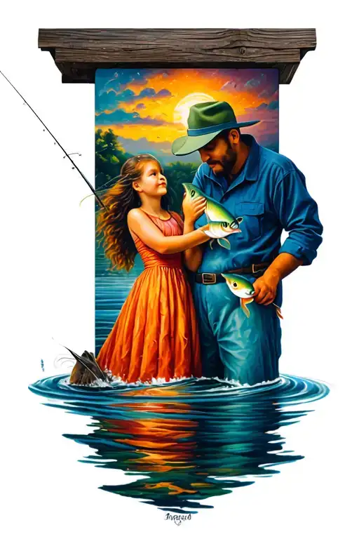 in memory daddy daughter fishing tattoo design idea