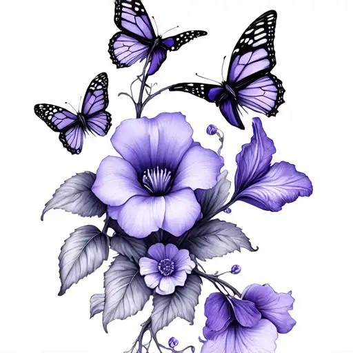 For a dainty spine tattoo. Flower vine with some dainty butterflies with these flowers: violet, iris, primrose, water li tattoo design idea