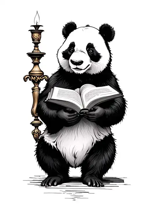 A panda who eats a book and holds in his other paw outside the thigh a baroque candlestick tattoo design idea