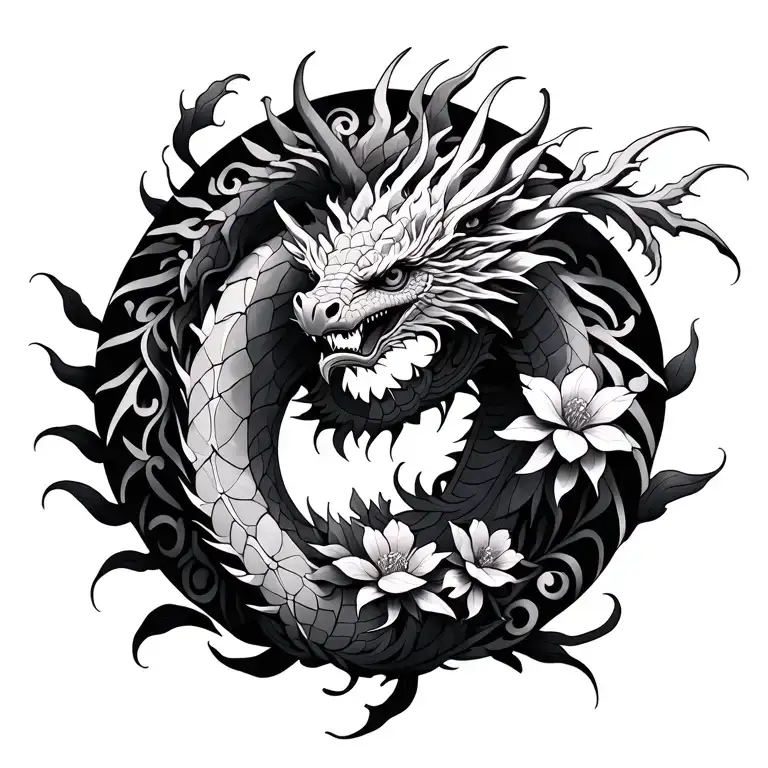 mandala dragon with flowers tattoo design idea