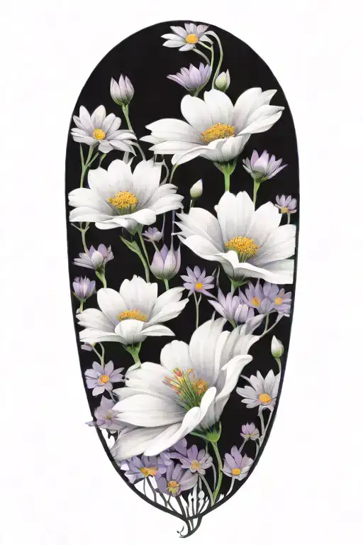 vibrant purple daisys and blue cosmos flowers tattoo design idea