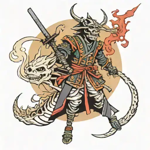 Skeleton samurai and dragon and moon tattoo design idea