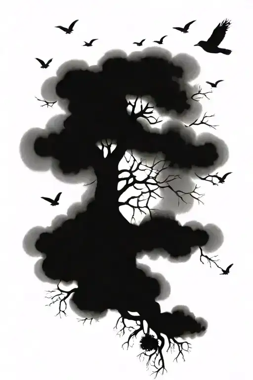 a tree with roots and branches but no leaves that then has birds flying off the top which fly into some clouds and sky tattoo design idea