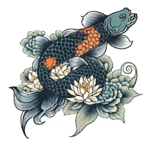 yin and yang koi fish with lotus flower tattoo design idea