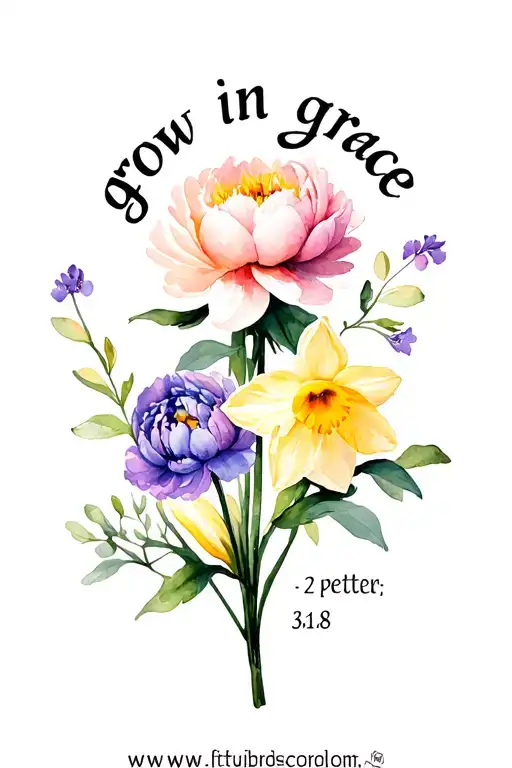 says "grow in grace - 2 peter 3:18" that includes a peony, 2 daffodils, and a violet tattoo design idea