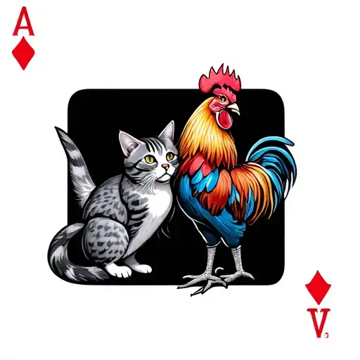 cat and fighting rooster playing card tattoo design idea